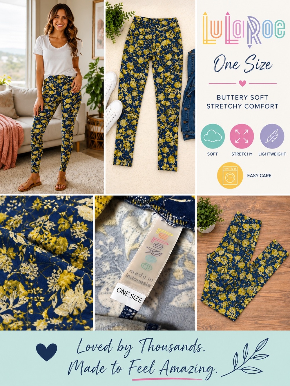 LuLaRoe | Blue & Yellow Floral Pattern Buttery-Soft Stretchy Leggings | One-Size